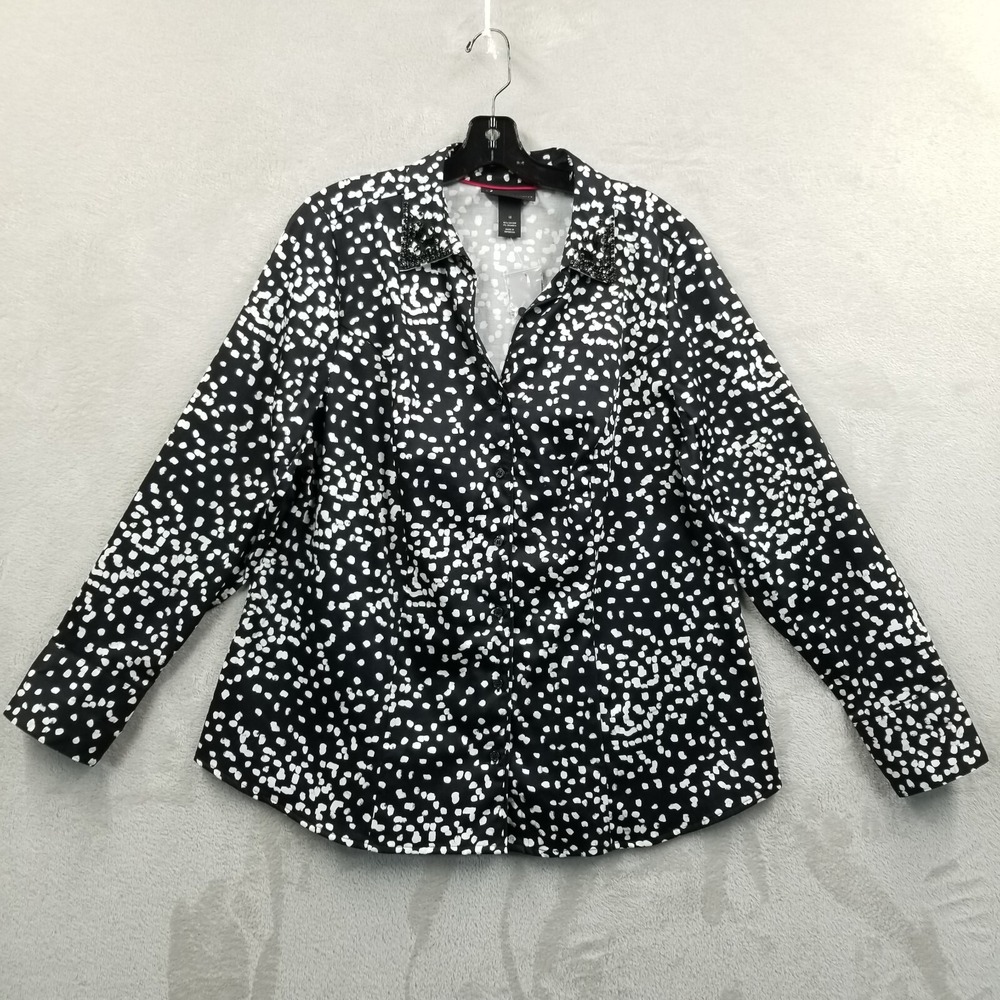 Lane Bryant Blouse Women 18 Black White Rhinestone Collar Long Cuff Sleeve New